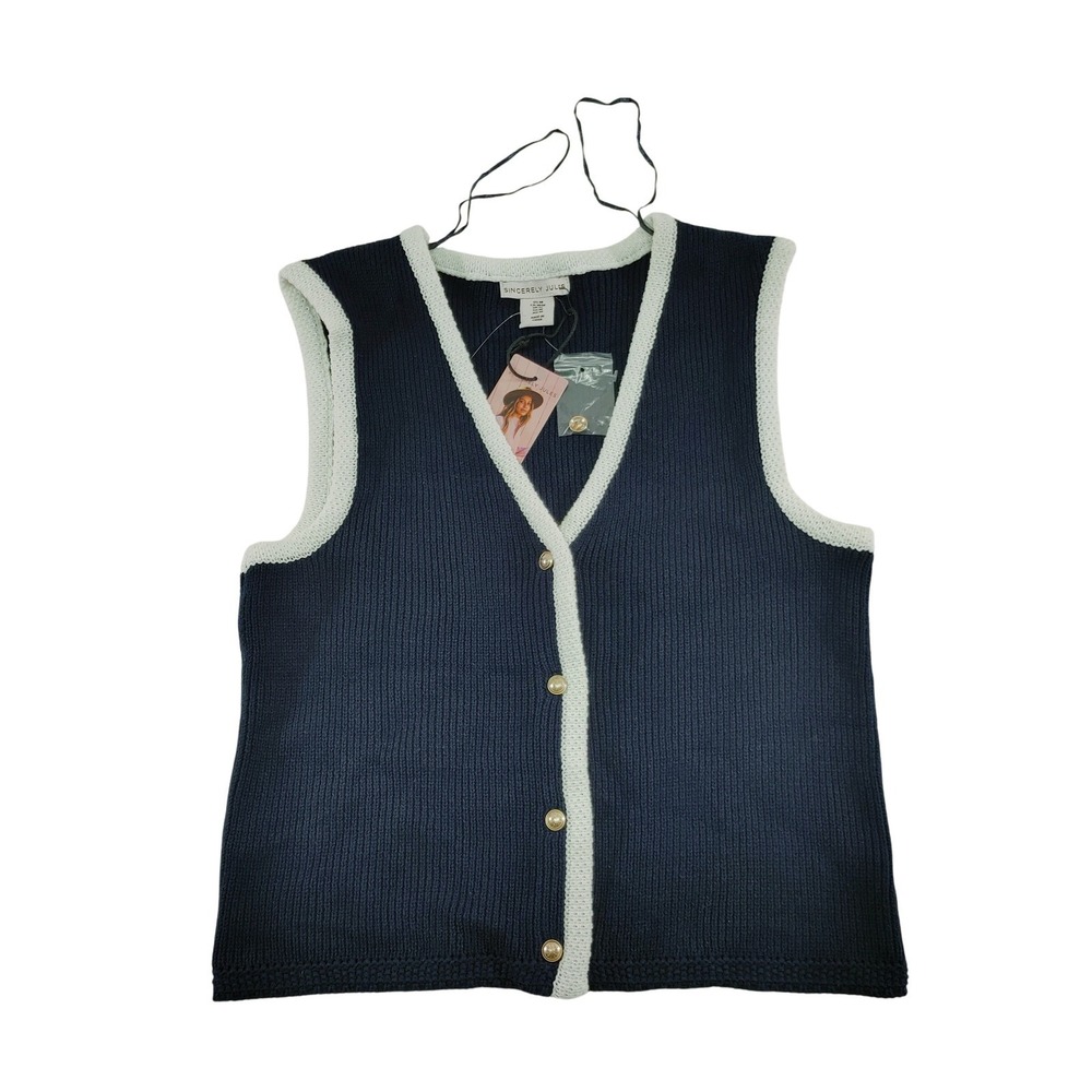 Sincerely Jules Navy Blue White Trim Button Front Knit Vest Sweater Women's M